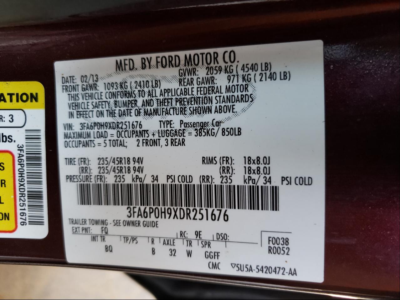 2013 Ford Fusion Se VIN: 3FA6P0H9XDR251676 Lot: 46981741