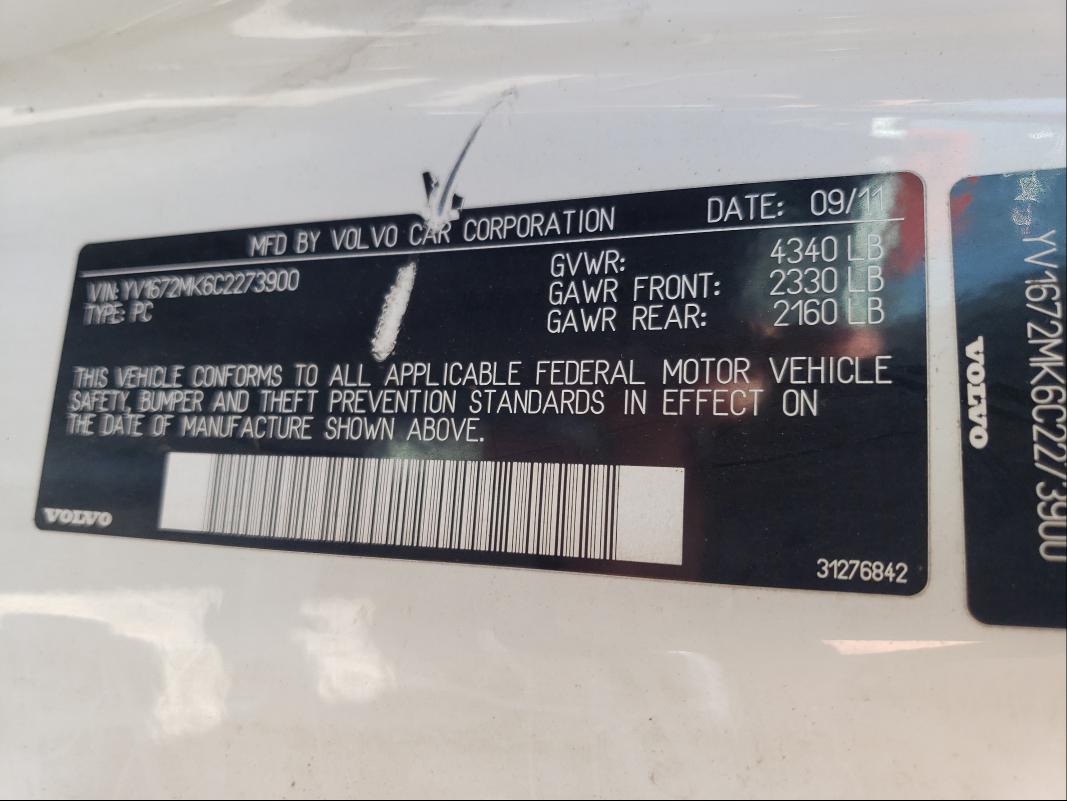 2012 VOLVO C30 T5 YV1672MK6C2273900