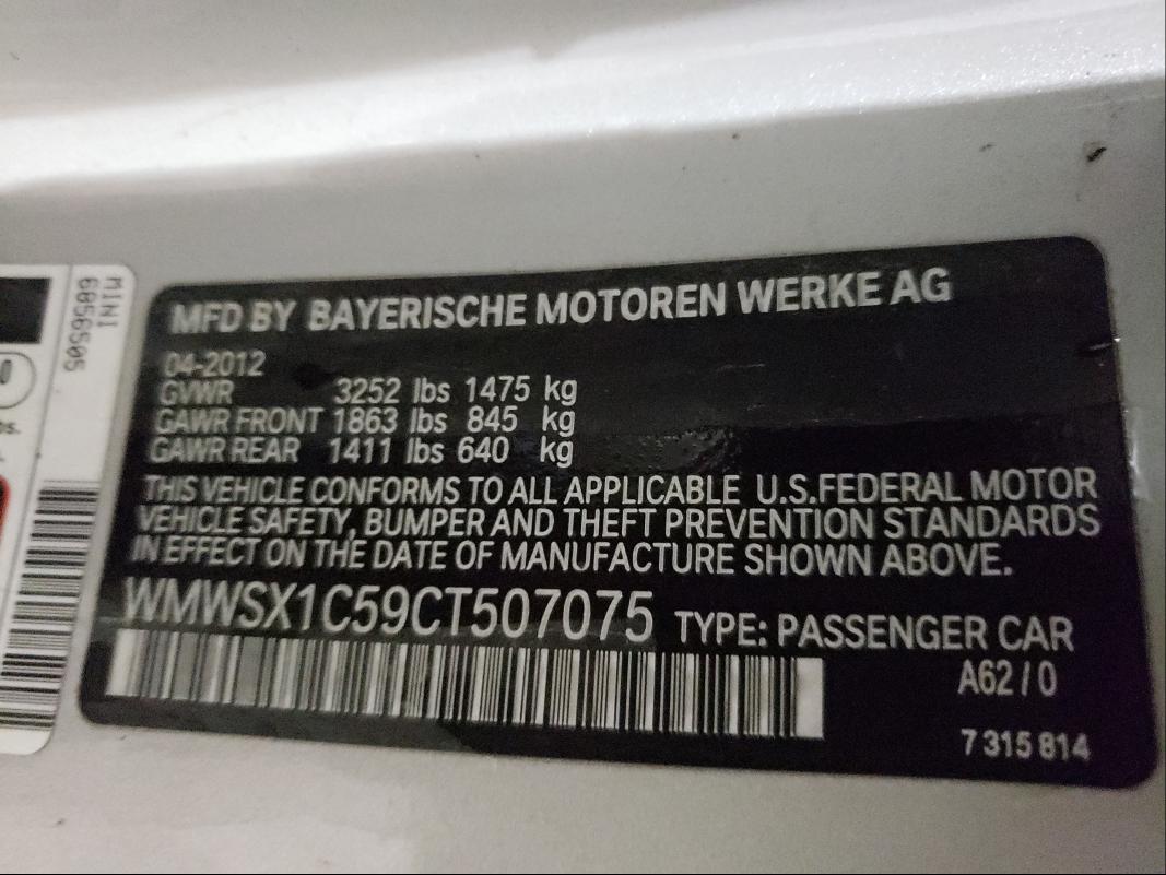 2012 MINI COOPER COU WMWSX1C59CT507075
