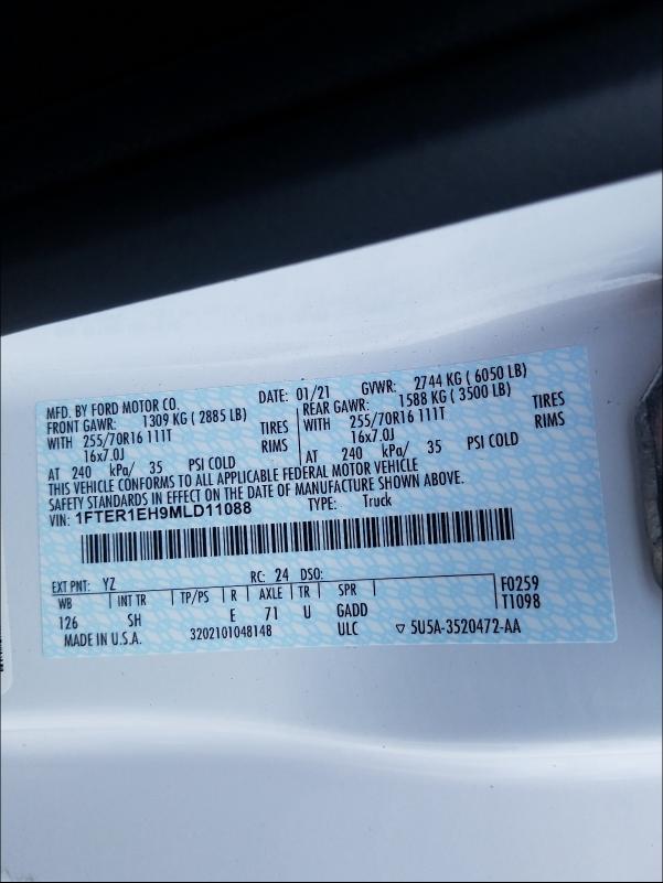 2021 FORD RANGER XL 1FTER1EH9MLD11088