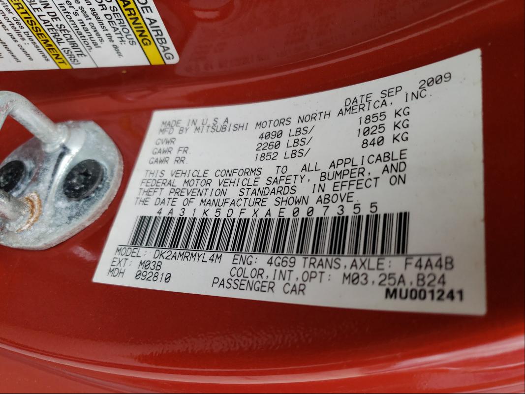 2010 MITSUBISHI ECLIPSE GS 4A31K5DFXAE007355