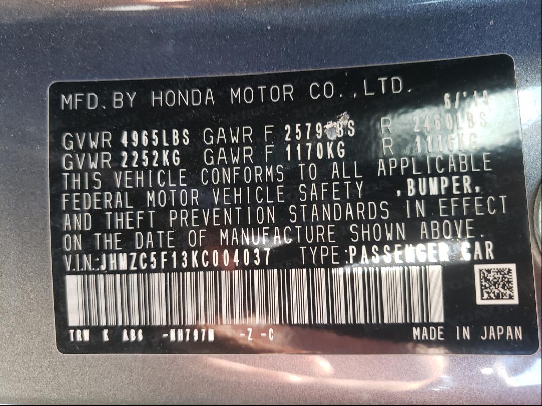 2019 HONDA CLARITY JHMZC5F13KC004037
