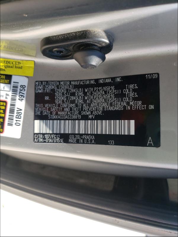 2010 TOYOTA SIENNA CE 5TDKK4CC0AS338819