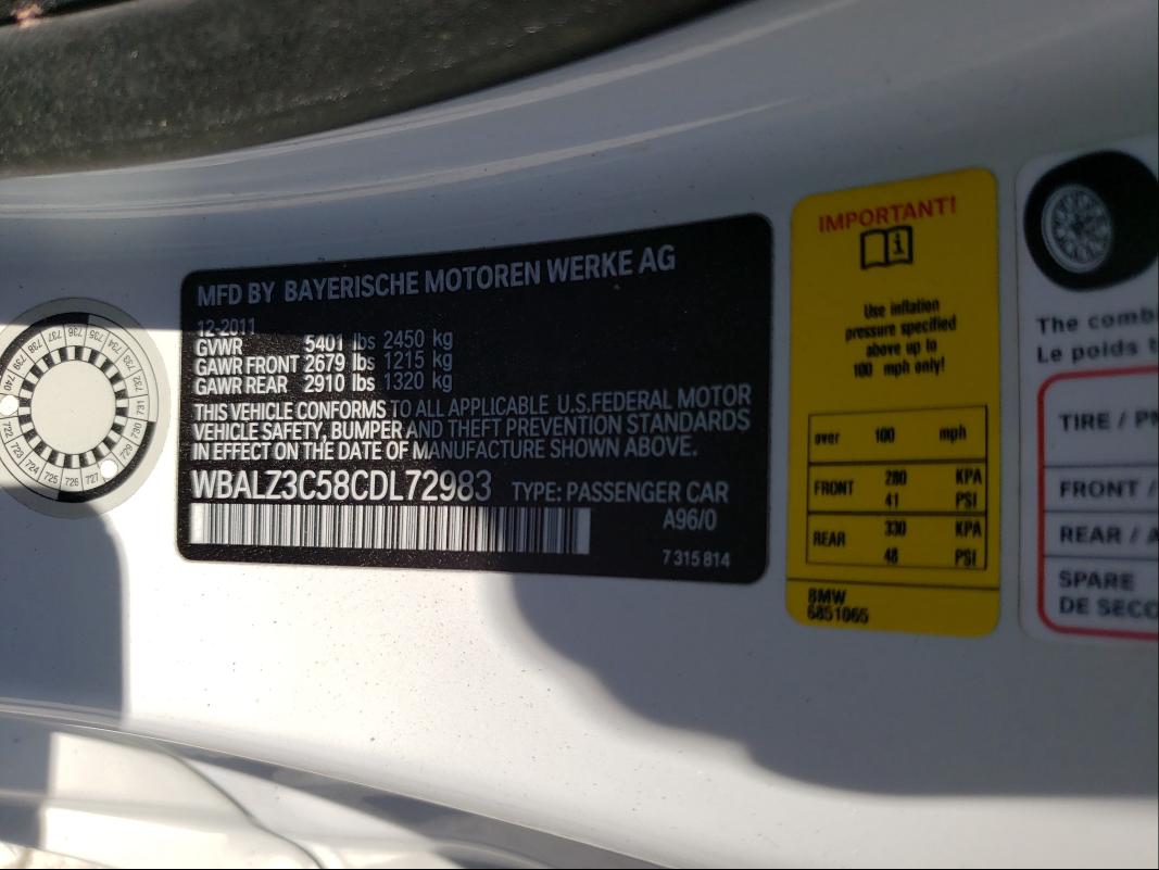 2012 BMW 650 I WBALZ3C58CDL72983