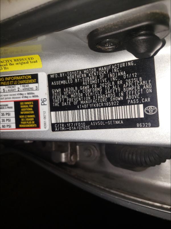 2012 TOYOTA CAMRY BASE 4T4BF1FK8CR185922