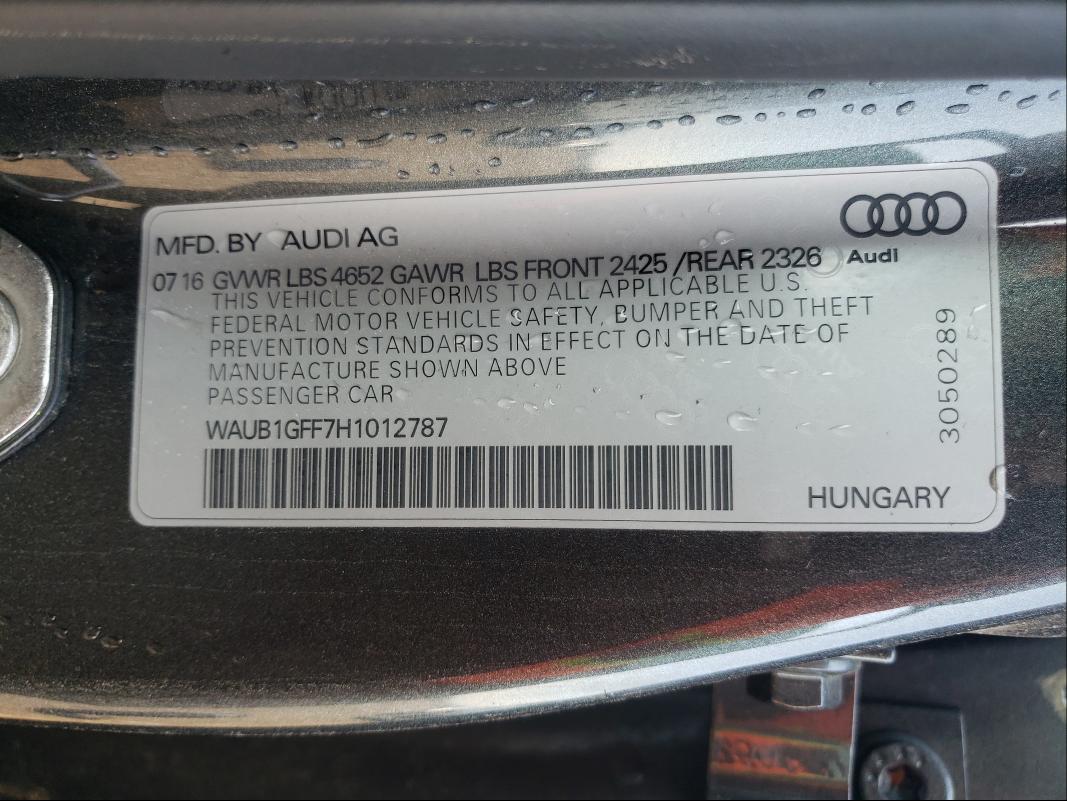 2017 AUDI S3 PREMIUM WAUB1GFF7H1012787