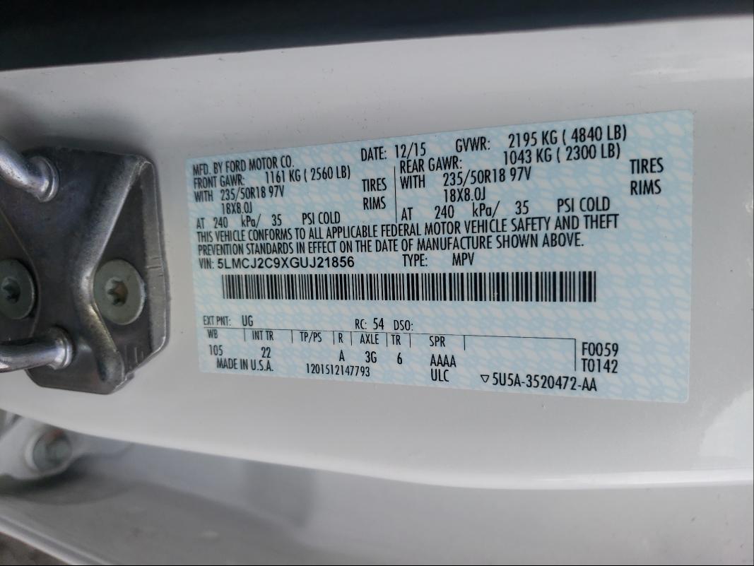 2016 LINCOLN MKC SELECT 5LMCJ2C9XGUJ21856