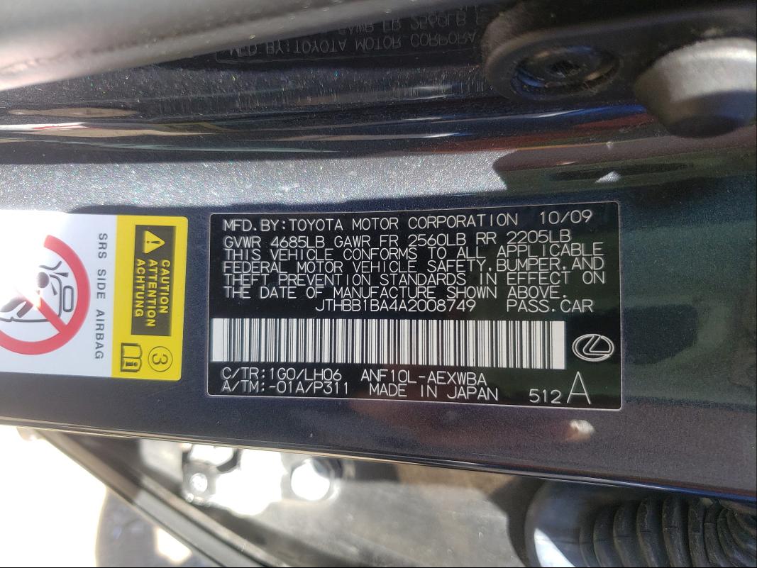 2010 LEXUS HS 250H JTHBB1BA4A2008749
