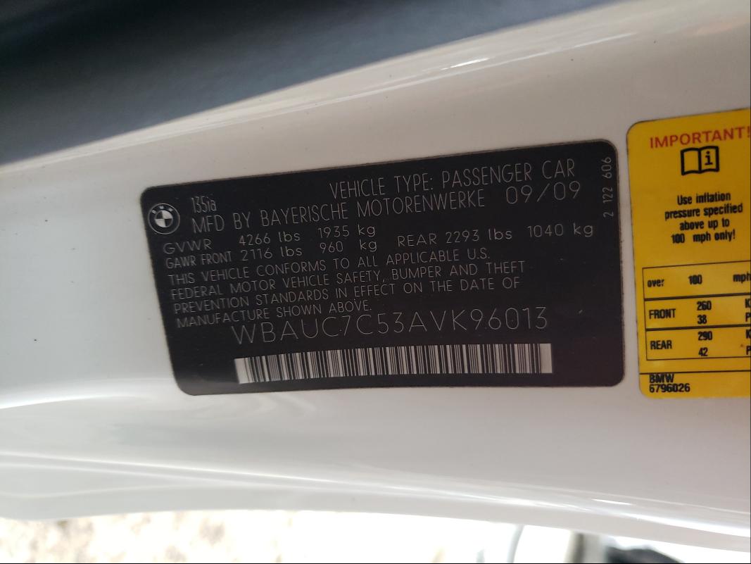 2010 BMW 135 I WBAUC7C53AVK96013