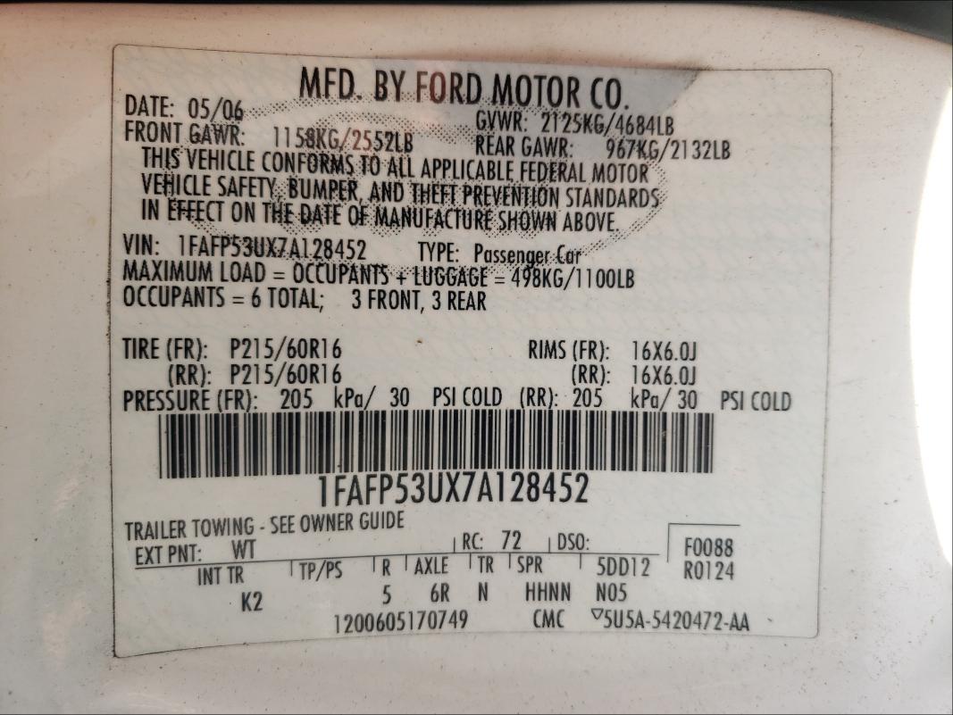 1FAFP53UX7A128452 2007 Ford Taurus Se