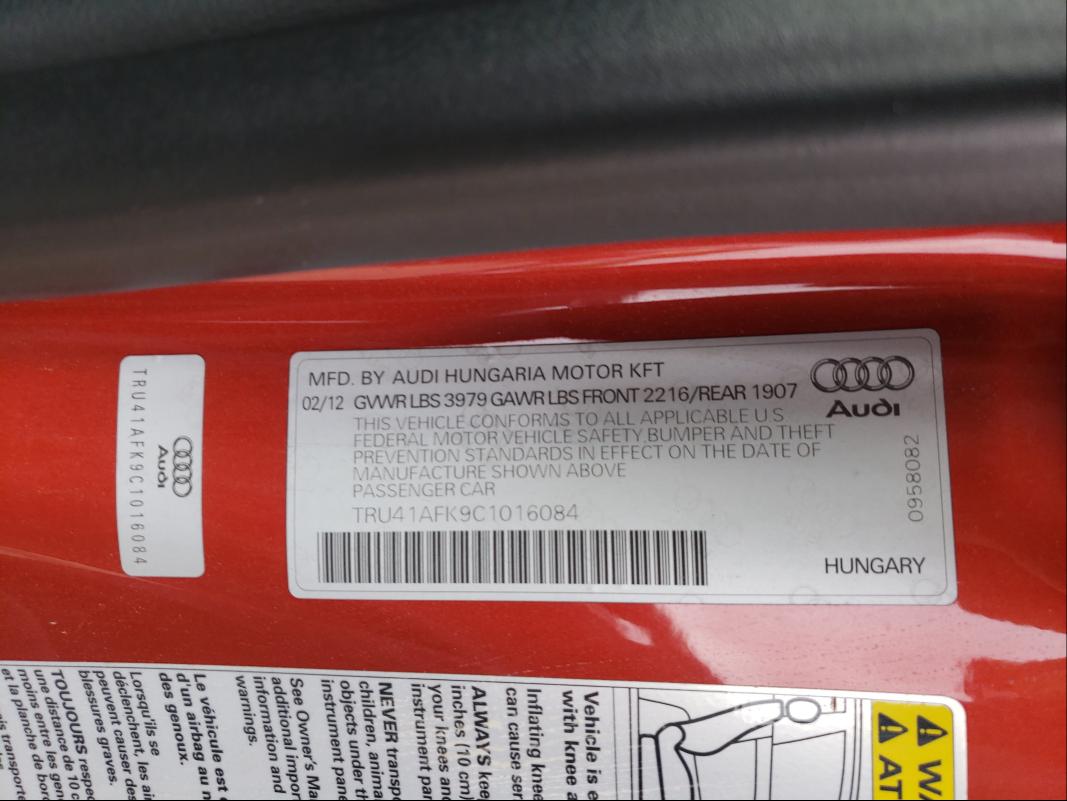 2012 AUDI TTS PRESTI TRU41AFK9C1016084