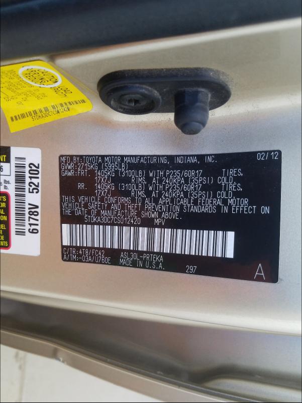 2012 TOYOTA SIENNA BAS 5TDKA3DC7CS012420