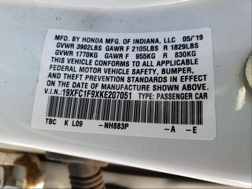 2019 HONDA CIVIC TOUR 19XFC1F9XKE207051