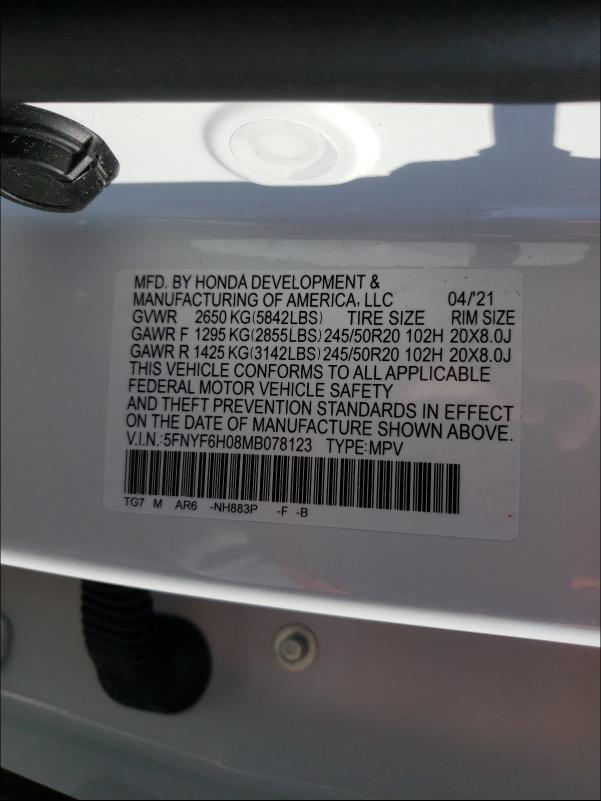 2021 HONDA PILOT ELIT 5FNYF6H08MB078123