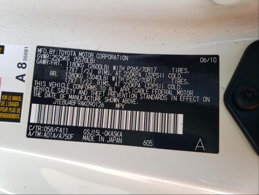 2010 TOYOTA FJ CRUISER JTEBU4BF9AK090126