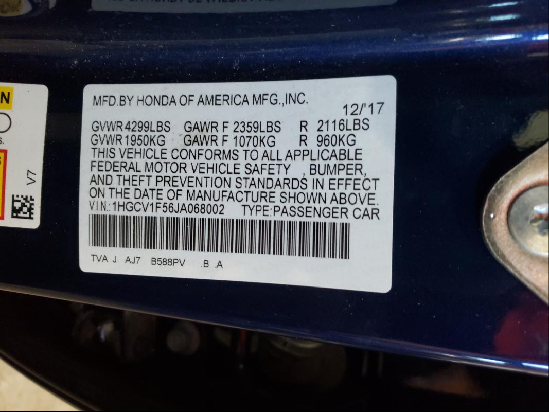 1HGCV1F56JA068002 Honda Accord Exl 2018. Фото: 9