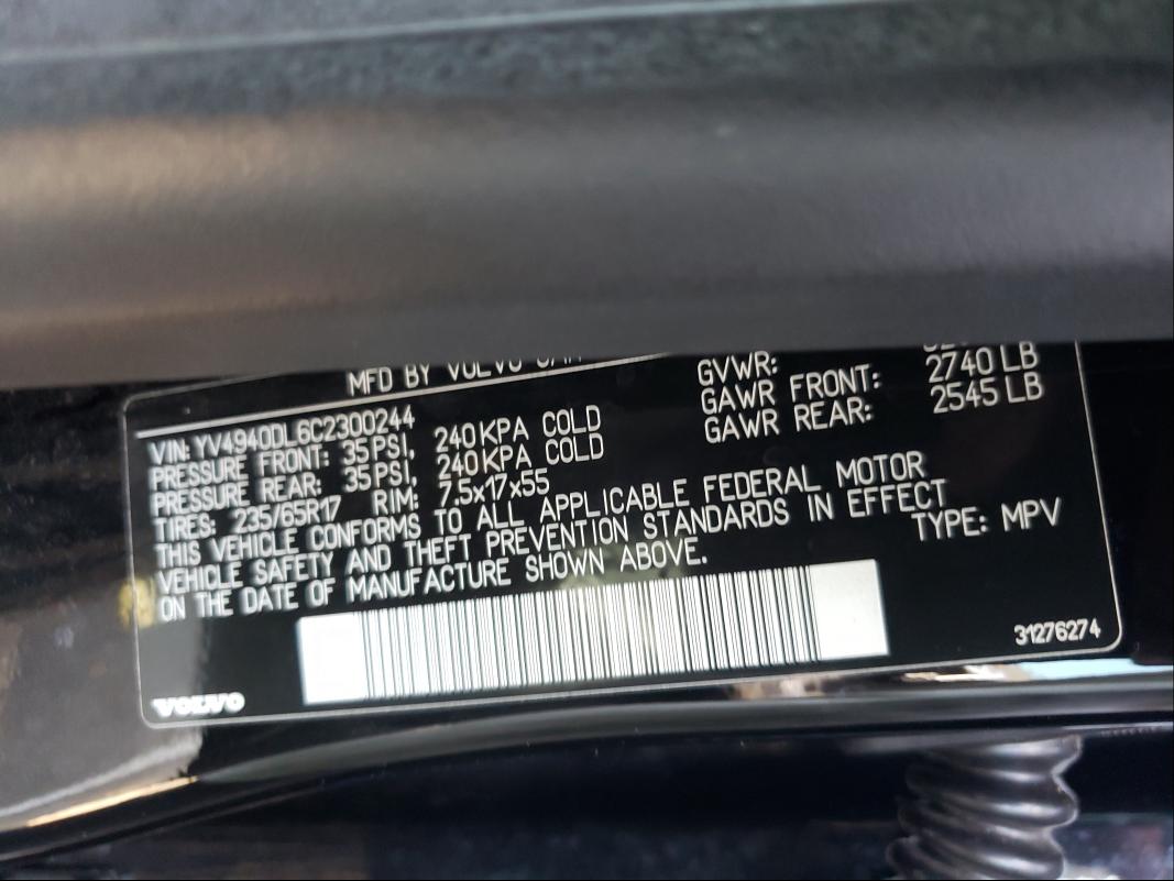 2012 VOLVO XC60 3.2 YV4940DL6C2300244