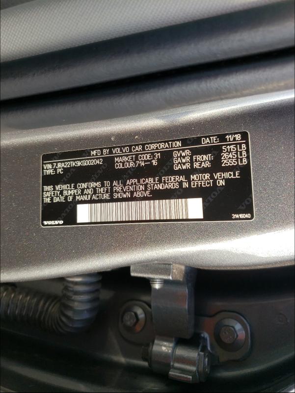 2019 VOLVO S60 T6 MOM 7JRA22TK9KG002042