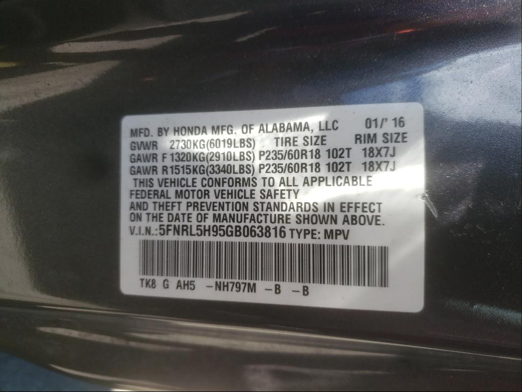 2016 HONDA ODYSSEY TO 5FNRL5H95GB063816