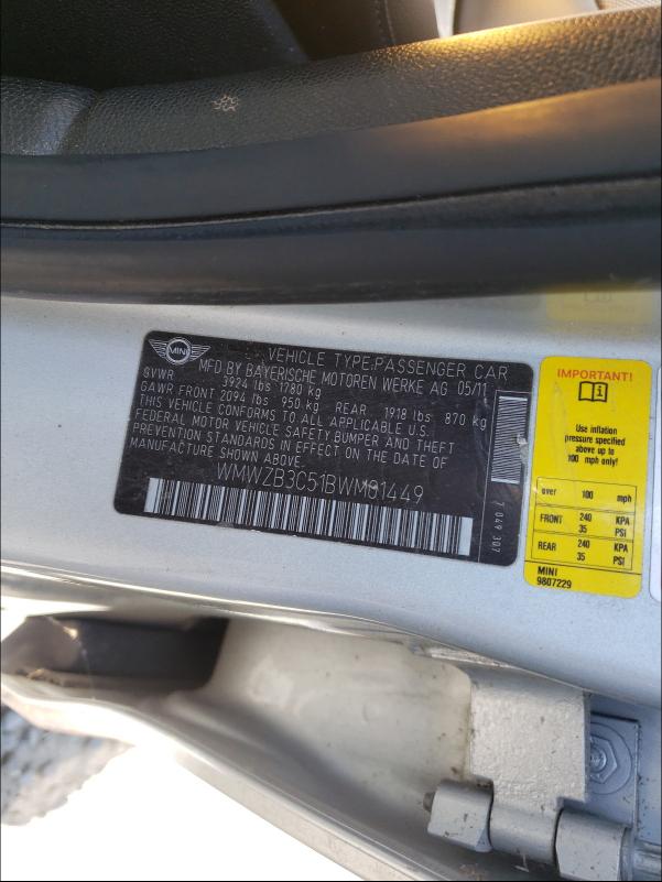 2011 MINI COOPER COU WMWZB3C51BWM01449