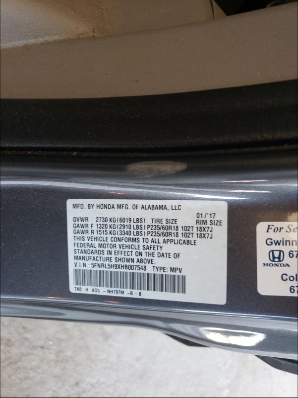 2017 HONDA ODYSSEY TO 5FNRL5H9XHB007548