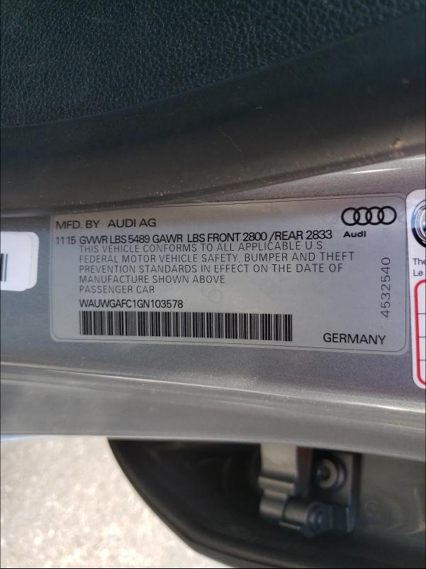 2016 AUDI A7 PREMIUM WAUWGAFC1GN103578