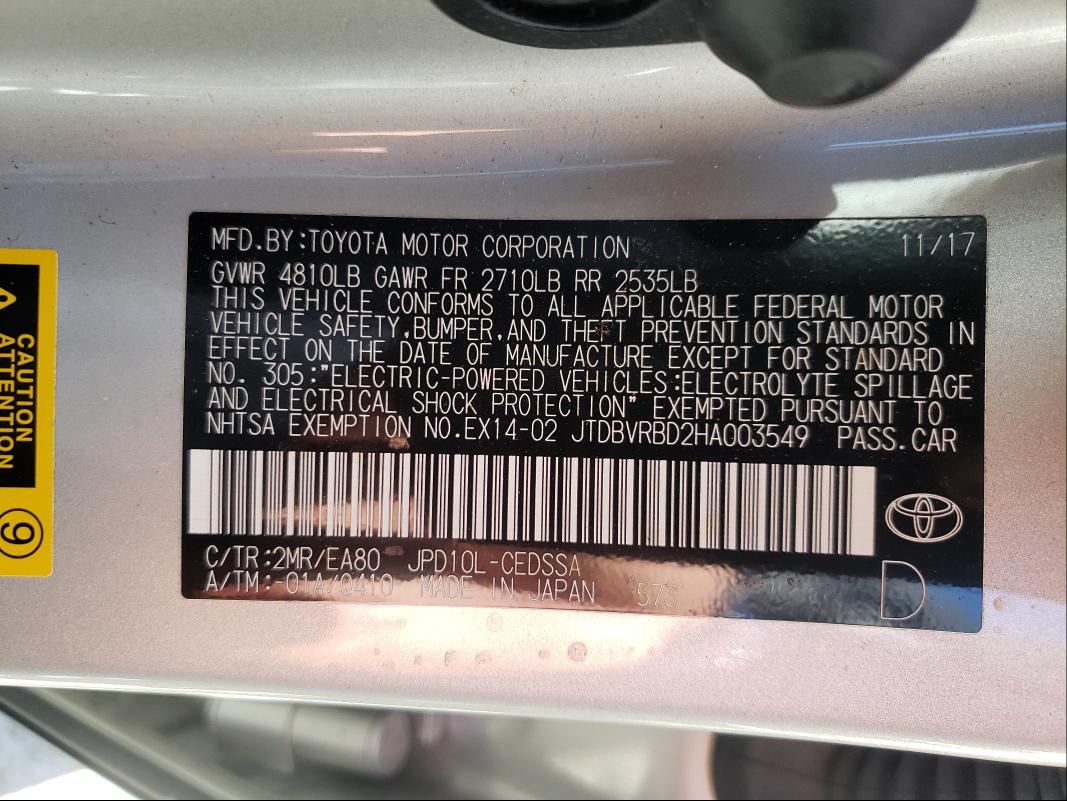 2017 TOYOTA MIRAI JTDBVRBD2HA003549