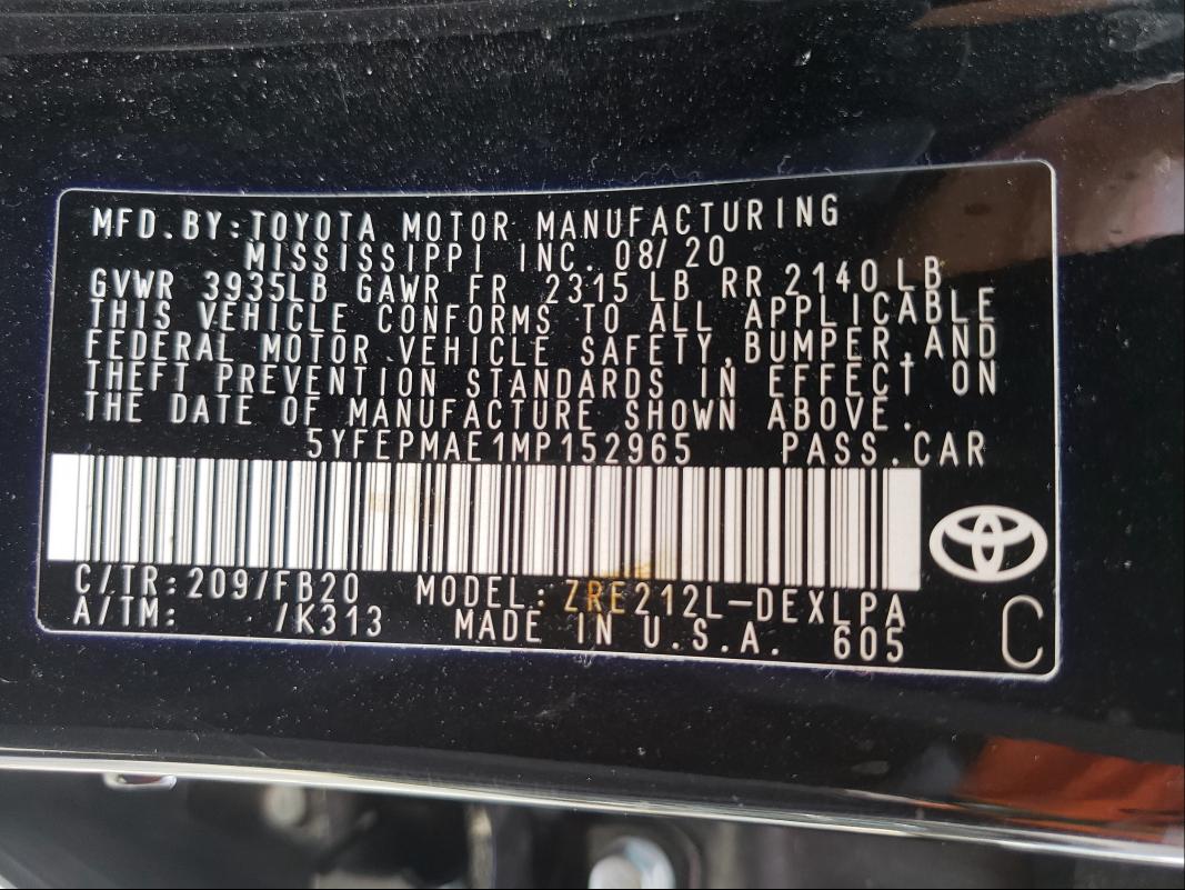 2021 TOYOTA COROLLA LE 5YFEPMAE1MP152965