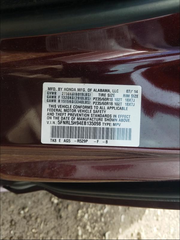 2014 HONDA ODYSSEY TO 5FNRL5H94EB135098