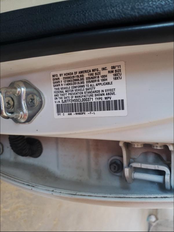 2012 HONDA CROSSTOUR 5J6TF2H55CL000371