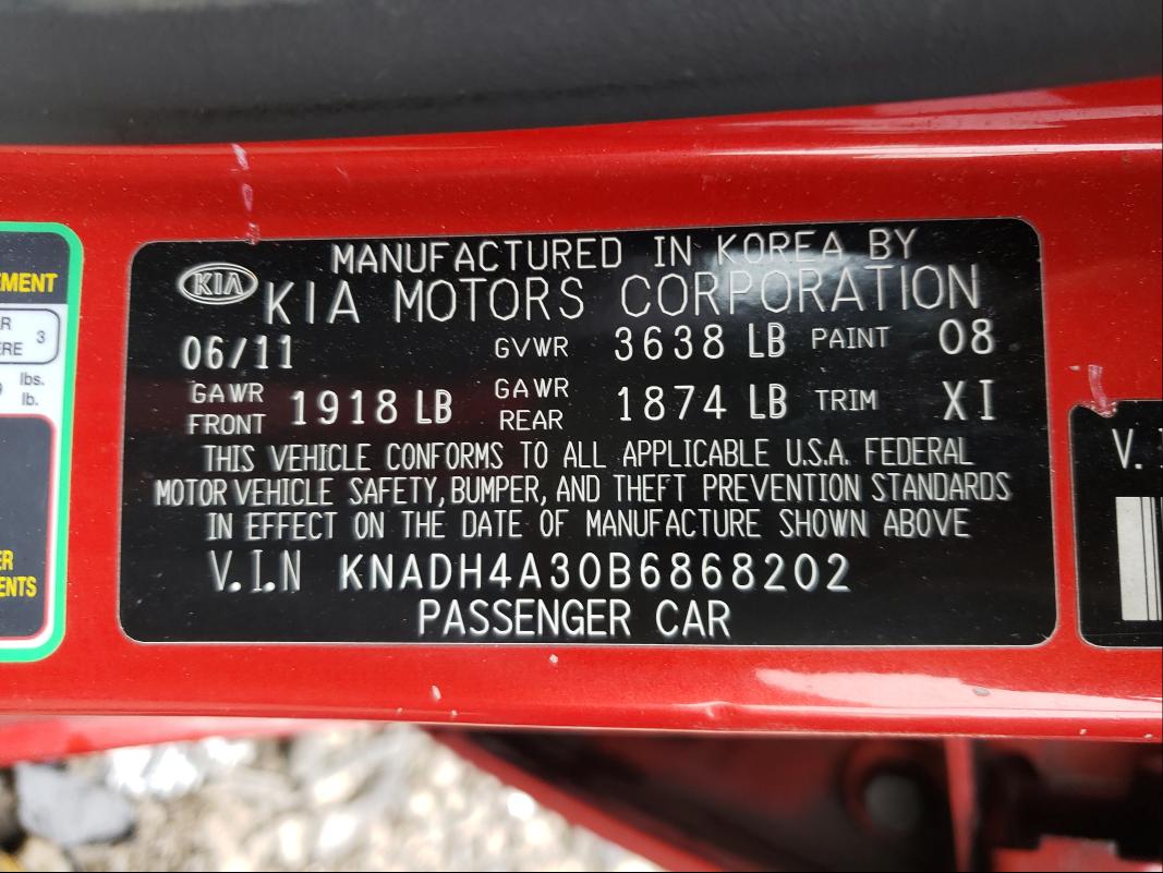 2011 KIA RIO BASE KNADH4A30B6868202