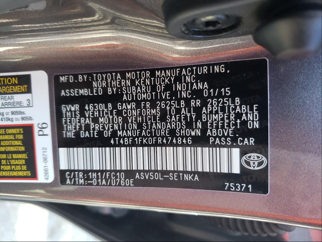 2015 TOYOTA CAMRY LE 4T4BF1FK0FR474846