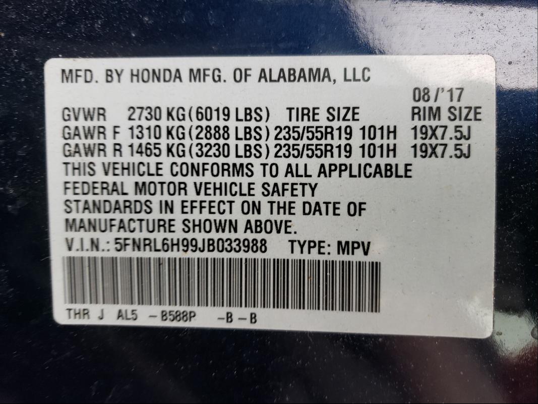2018 HONDA ODYSSEY EL 5FNRL6H99JB033988
