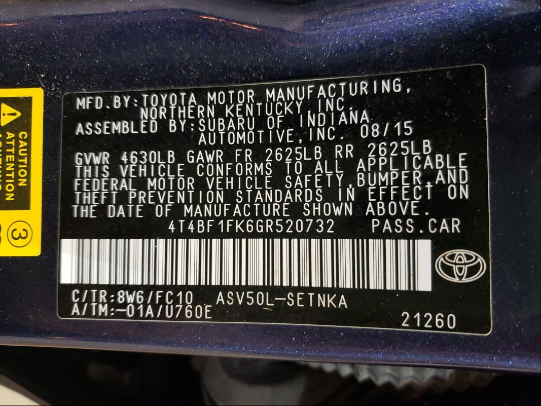 2016 TOYOTA CAMRY LE 4T4BF1FK6GR520732
