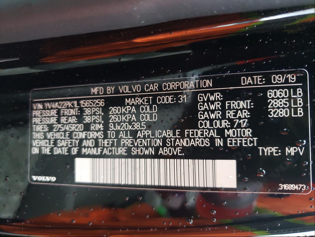 2020 VOLVO XC90 T6 MO YV4A22PK1L1565256