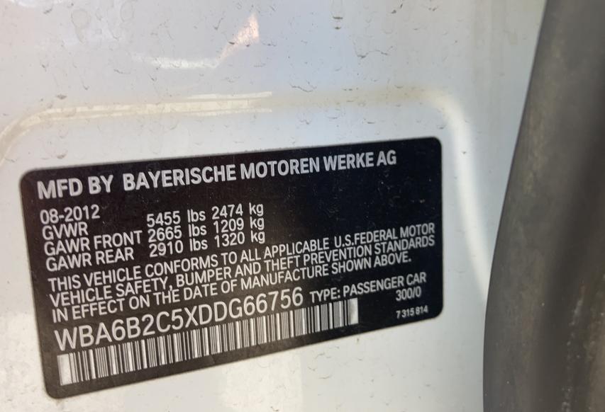 VIN WBA6B2C5XDDG66756 2013 BMW 6 Series, 650 I no.10