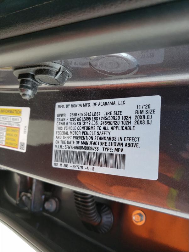 2021 HONDA PILOT ELIT 5FNYF6H00MB036786