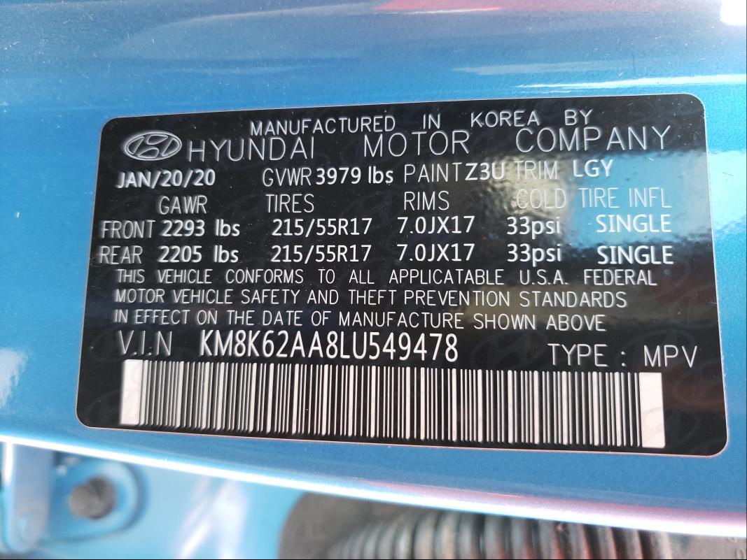 2020 HYUNDAI KONA SEL P KM8K62AA8LU549478