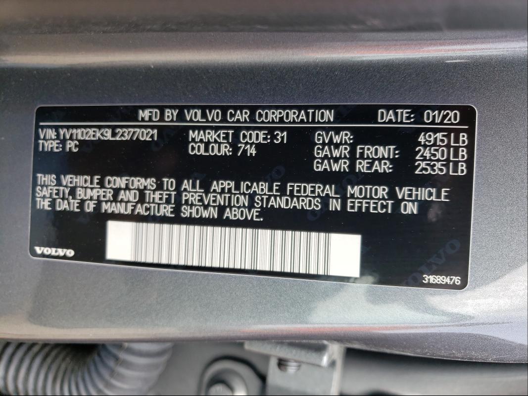 2020 VOLVO V60 T5 MOM YV1102EK9L2377021