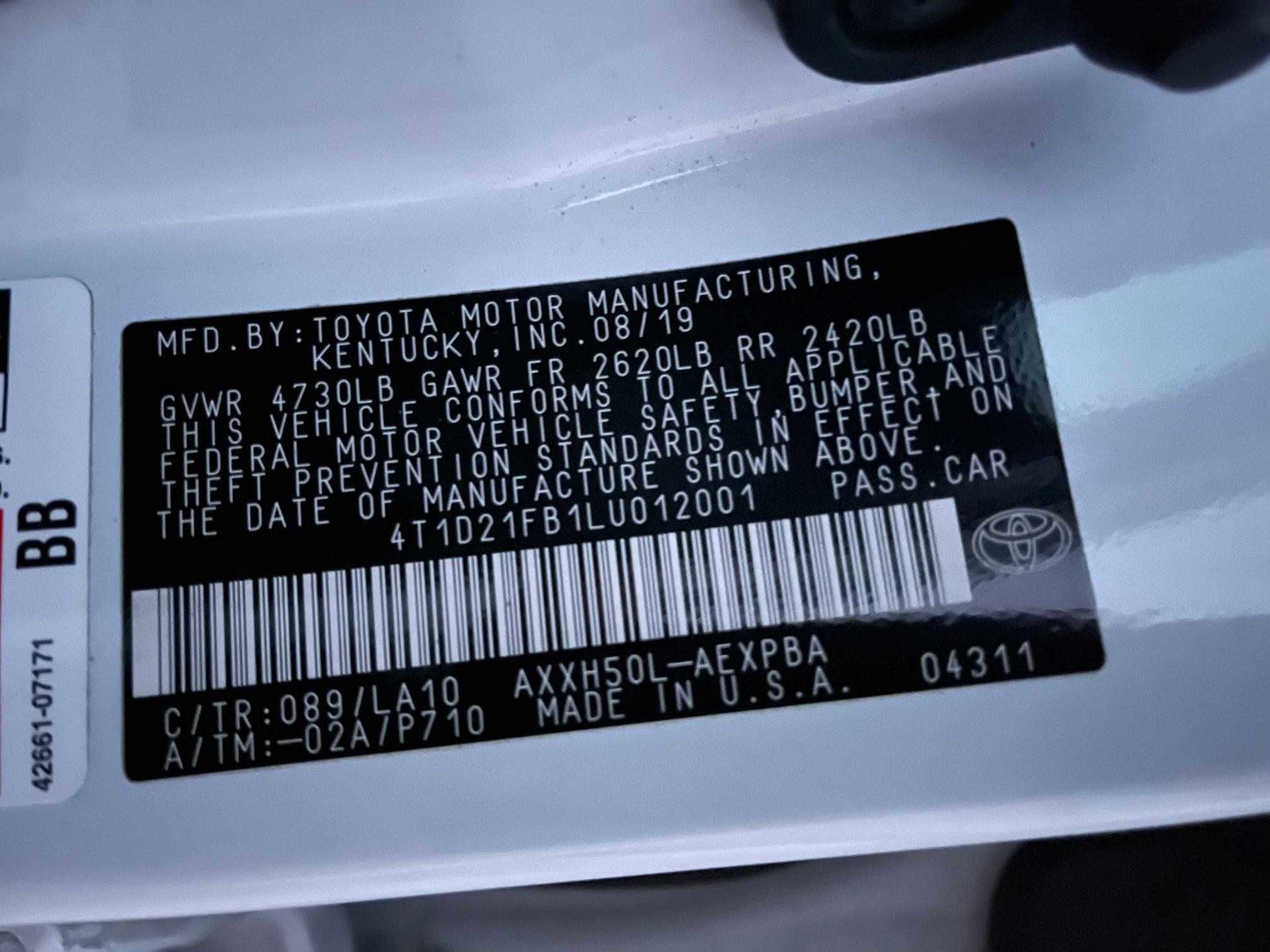 2020 TOYOTA AVALON LIM 4T1D21FB1LU012001