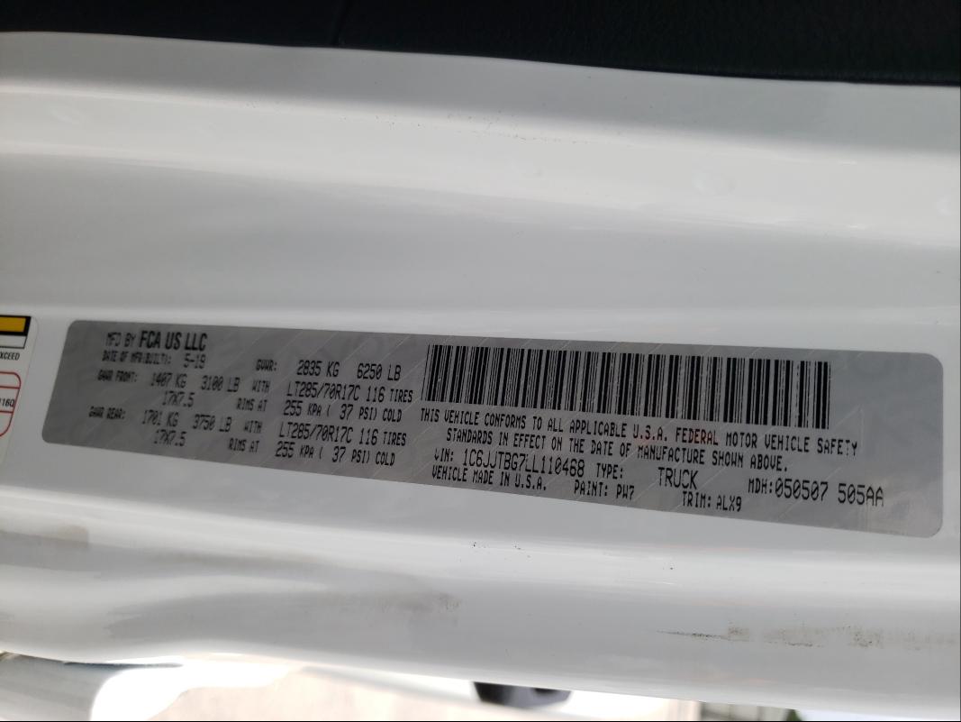2020 JEEP GLADIATOR 1C6JJTBG7LL110468