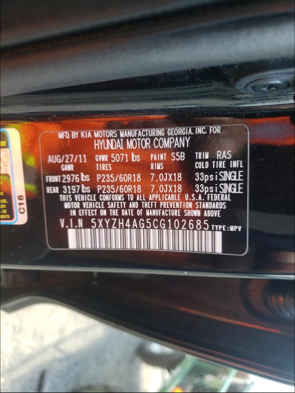 2012 HYUNDAI SANTA FE 5XYZH4AG5CG102685