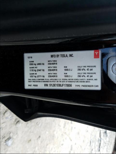 2018 TESLA MODEL 3 5YJ3E1EB8JF170656