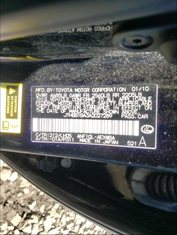 2010 LEXUS HS 250H JTHBB1BA3A2027289