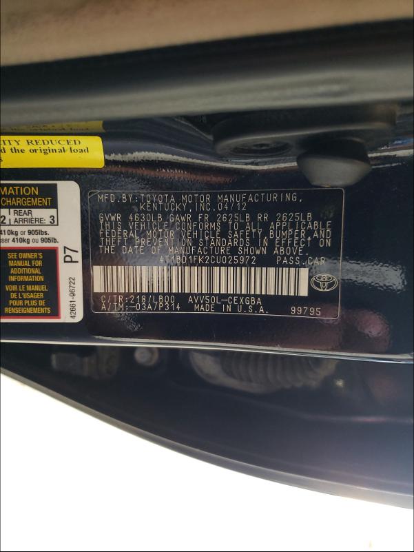 2012 TOYOTA CAMRY CE 4T1BD1FK2CU025972