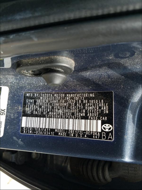 2014 TOYOTA COROLLA L 5YFBURHE9EP026725