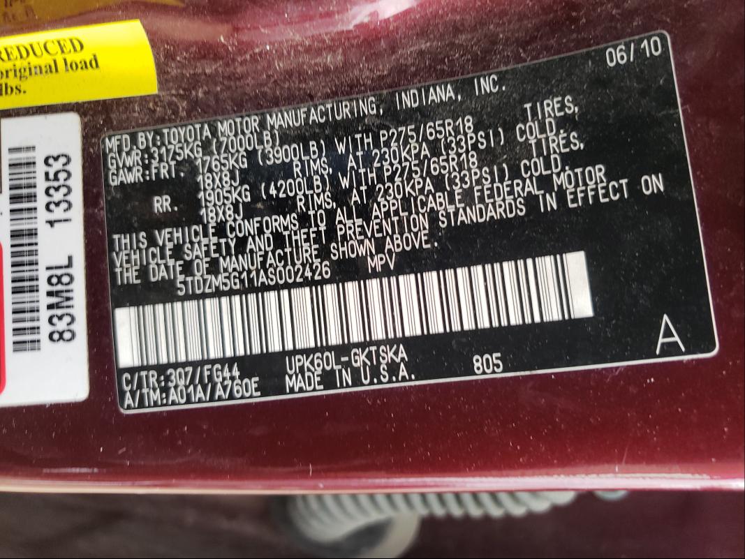 2010 TOYOTA SEQUOIA SR 5TDZM5G11AS002426