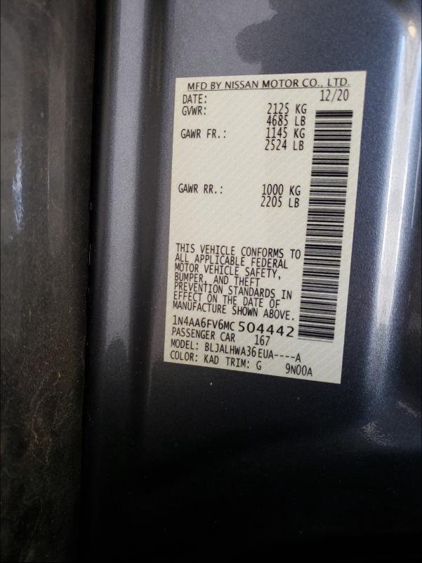 2021 NISSAN MAXIMA PLA 1N4AA6FV6MC504442