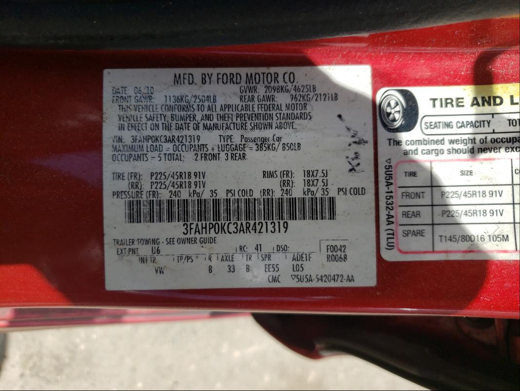 2010 FORD FUSION SPO 3FAHP0KC3AR421319