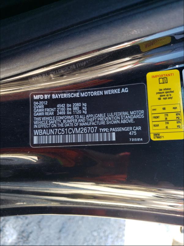 2012 BMW 135 I WBAUN7C51CVM26707